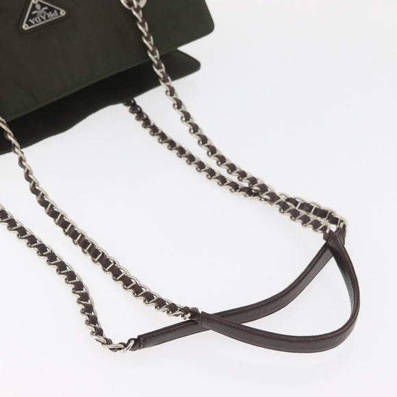 PRADA Chain Tote Bag Nylon Khaki Silver Auth 180596