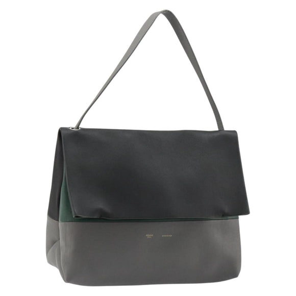 CELINE Shoulder Bag Leather Gray Silver Auth 180599A