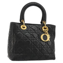 Christian Dior Canage Hand Bag Lamb Skin Black Gold Auth 180616A-1