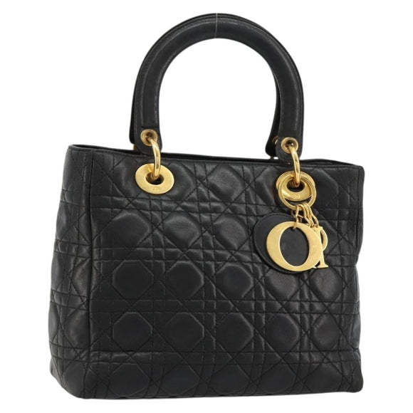 Christian Dior Canage Hand Bag Lamb Skin Black Gold Auth 180616A