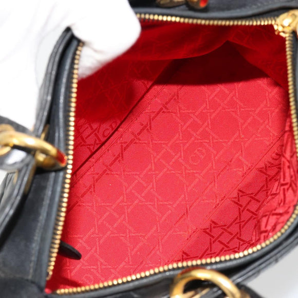 Christian Dior Canage Hand Bag Lamb Skin Black Gold Auth 180616A