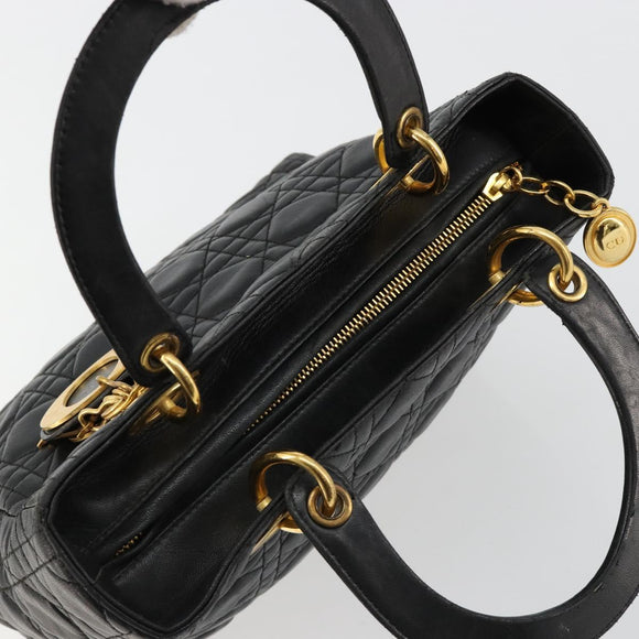 Christian Dior Canage Hand Bag Lamb Skin Black Gold Auth 180616A