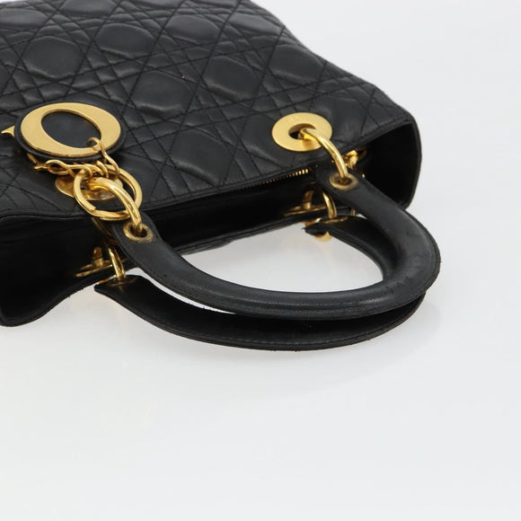 Christian Dior Canage Hand Bag Lamb Skin Black Gold Auth 180616A