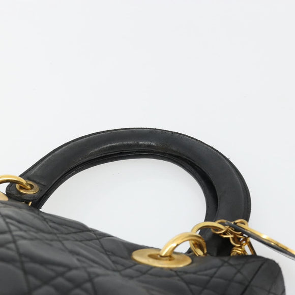 Christian Dior Canage Hand Bag Lamb Skin Black Gold Auth 180616A