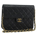 CHANEL Matelasse Chain Shoulder Bag Lamb Skin Black Gold CC Auth 180617-1