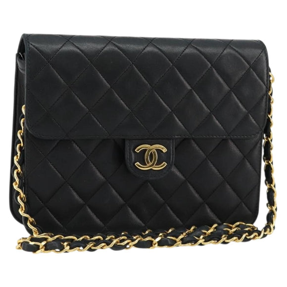 CHANEL Matelasse Chain Shoulder Bag Lamb Skin Black Gold CC Auth 180617