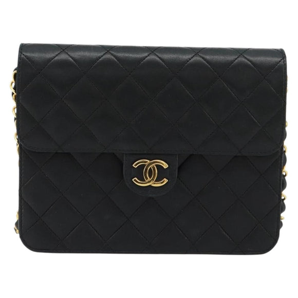 CHANEL Matelasse Chain Shoulder Bag Lamb Skin Black Gold CC Auth 180617