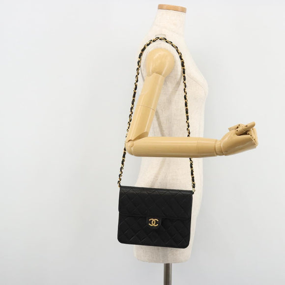 CHANEL Matelasse Chain Shoulder Bag Lamb Skin Black Gold CC Auth 180617