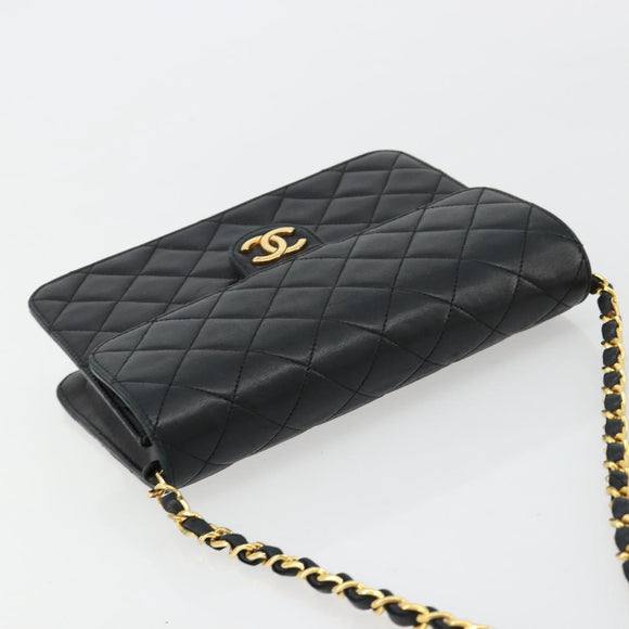 CHANEL Matelasse Chain Shoulder Bag Lamb Skin Black Gold CC Auth 180617
