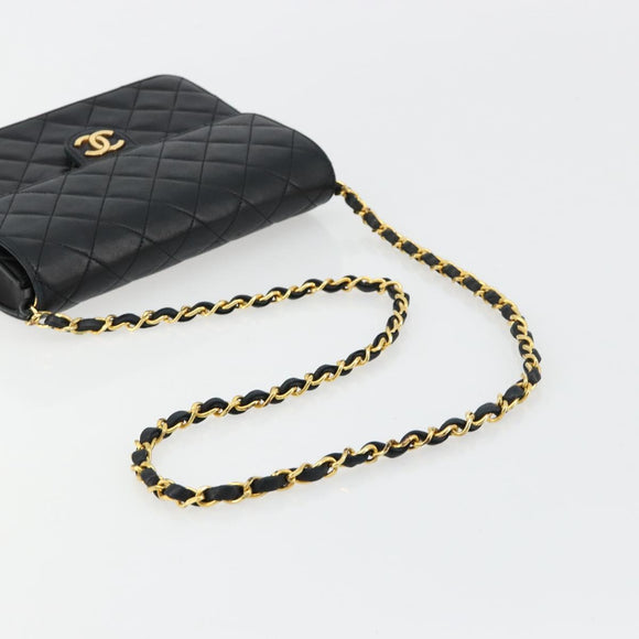 CHANEL Matelasse Chain Shoulder Bag Lamb Skin Black Gold CC Auth 180617