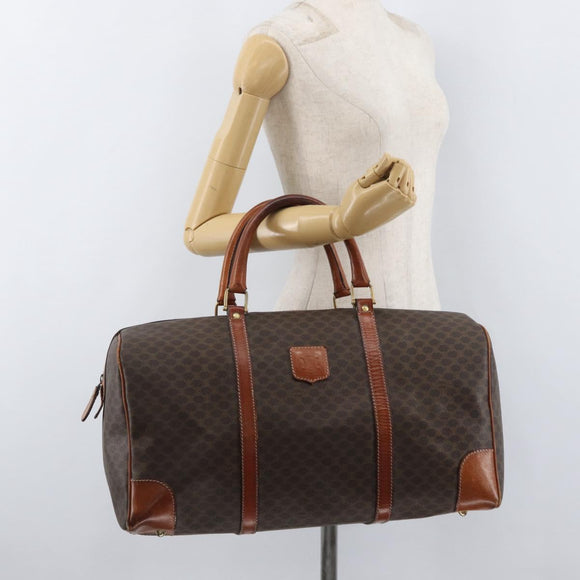 CELINE Macadam Canvas Boston Bag PVC Leather Brown Gold Auth 180637