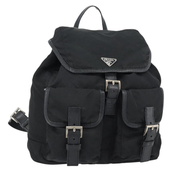 PRADA Rugzak Nylon Zwart Zilver Auth 180665A