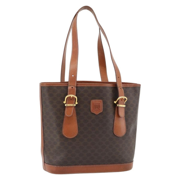 CELINE Macadam Canvas Tote Bag PVC Leather Brown Gold Auth 180666