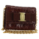 Salvatore Ferragamo Vara Ribbon Chain Bag Leather Bordeaux Gold Auth 180672-1