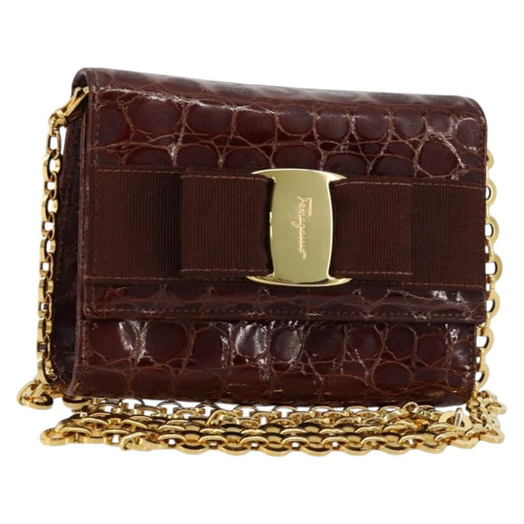 Salvatore Ferragamo Vara Ribbon Chain Bag Leather Bordeaux Gold Auth 180672