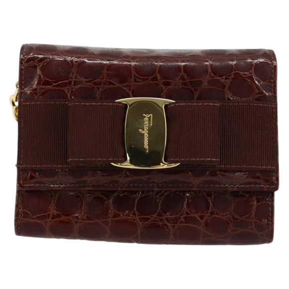 Salvatore Ferragamo Vara Ribbon Chain Bag Leather Bordeaux Gold Auth 180672