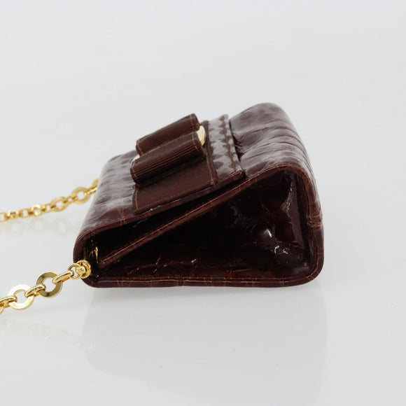 Salvatore Ferragamo Vara Ribbon Chain Bag Leather Bordeaux Gold Auth 180672