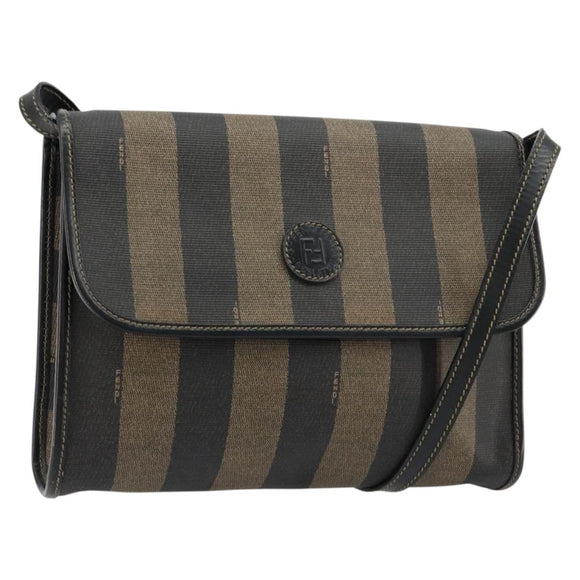 FENDI Pecan Canvas Shoulder Bag PVC Brown Black Auth 180678