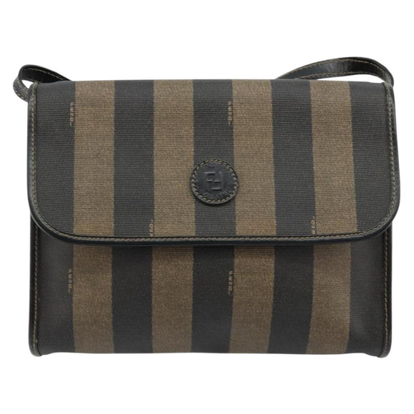 FENDI Pecan Canvas Shoulder Bag PVC Brown Black Auth 180678