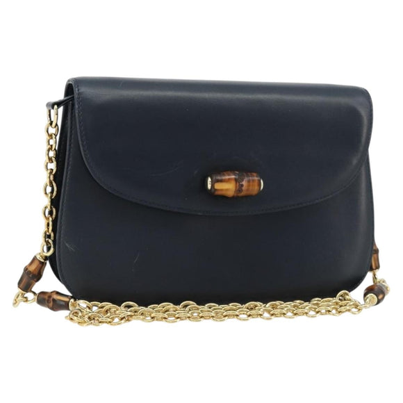 GUCCI Bamboo Chain Shoulder Bag Leather Navy Gold Auth 180679