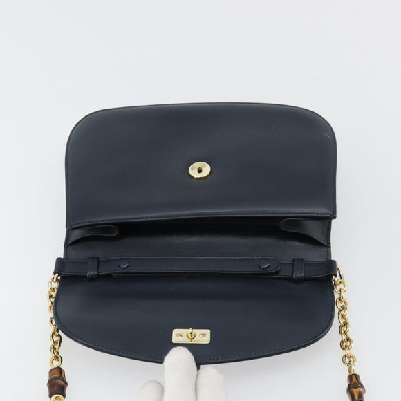 GUCCI Bamboo Chain Shoulder Bag Leather Navy Gold Auth 180679