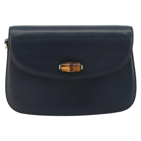 GUCCI Bamboo Chain Shoulder Bag Leather Navy Gold Auth 180679