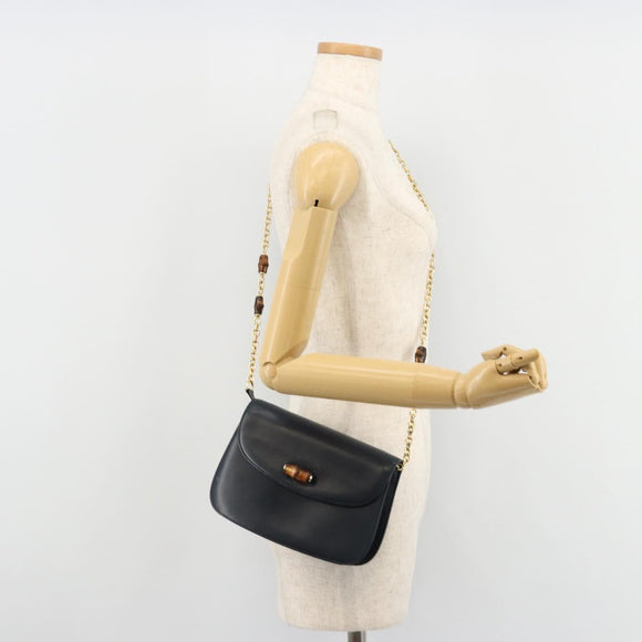 GUCCI Bamboo Chain Shoulder Bag Leather Navy Gold Auth 180679