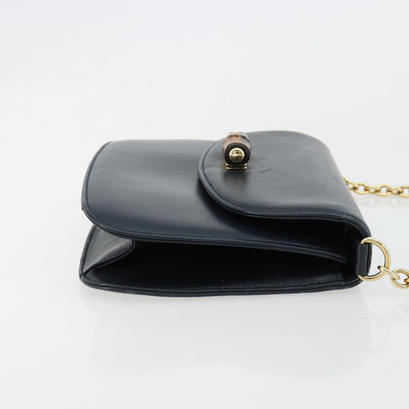 GUCCI Bamboo Chain Shoulder Bag Leather Navy Gold Auth 180679