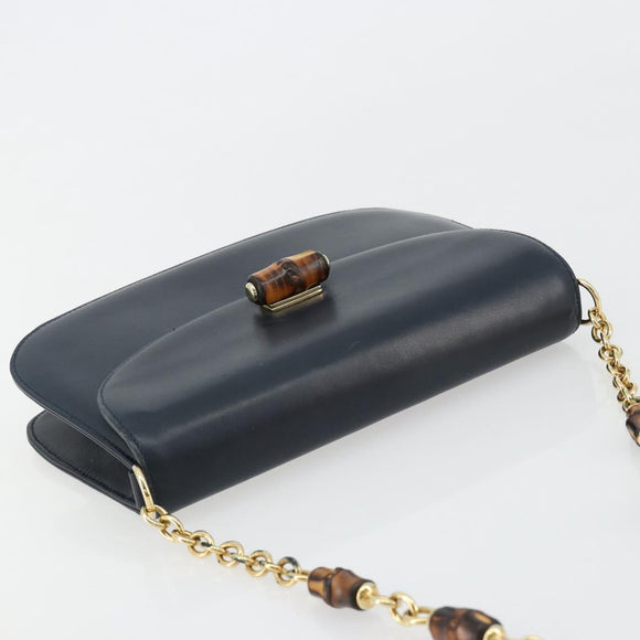 GUCCI Bamboo Chain Shoulder Bag Leather Navy Gold Auth 180679