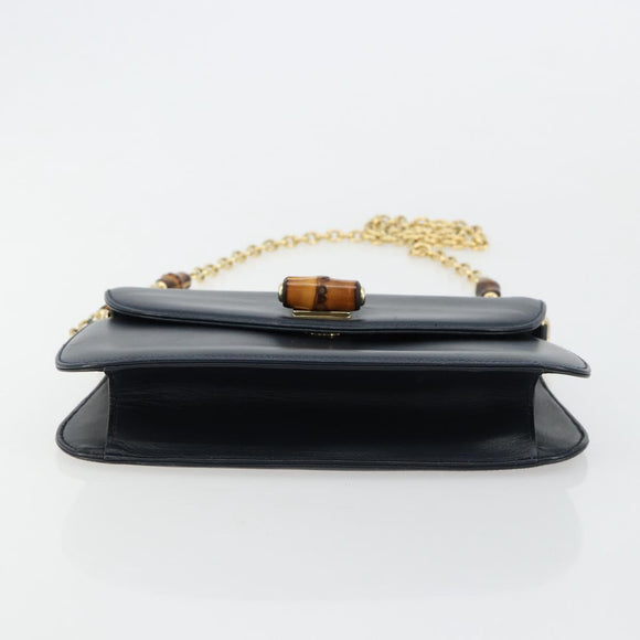 GUCCI Bamboo Chain Shoulder Bag Leather Navy Gold Auth 180679