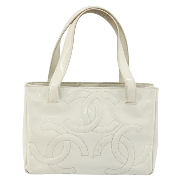 CHANEL Triple Coco Hand Bag Patent leather White CC Auth 180698