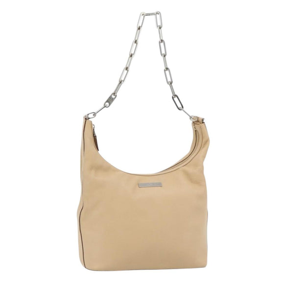 GUCCI Chain Shoulder Bag Leather Beige Silver Auth 180723