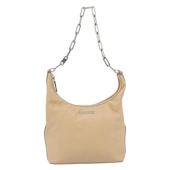 GUCCI Chain Shoulder Bag Leather Beige Silver Auth 180723