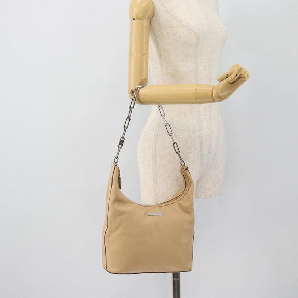 GUCCI Chain Shoulder Bag Leather Beige Silver Auth 180723