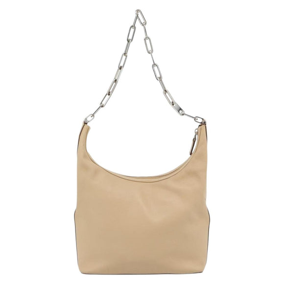 GUCCI Chain Shoulder Bag Leather Beige Silver Auth 180723