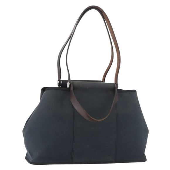HERMES Cabak Elan Hand Bag Canvas Silver Navy Auth 180754