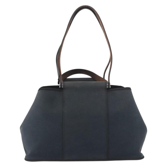 HERMES Cabak Elan Hand Bag Canvas Silver Navy Auth 180754