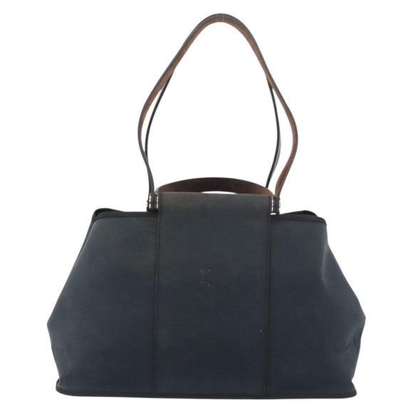 HERMES Cabak Elan Hand Bag Canvas Silver Navy Auth 180754