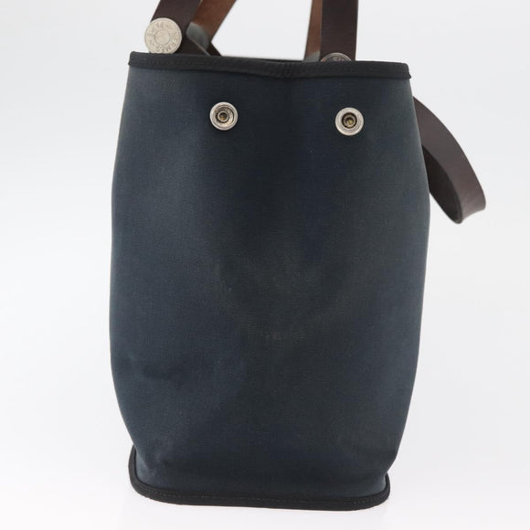 HERMES Cabak Elan Hand Bag Canvas Silver Navy Auth 180754