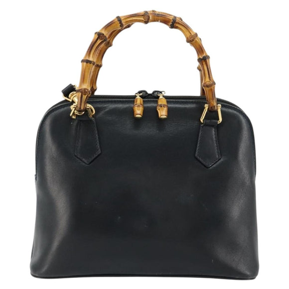 GUCCI Bamboo Hand Bag Leather 2way Navy Gold 000 2865 0290 Auth 180796