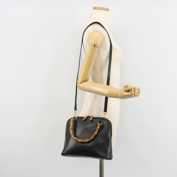 GUCCI Bamboo Hand Bag Leather 2way Navy Gold 000 2865 0290 Auth 180796