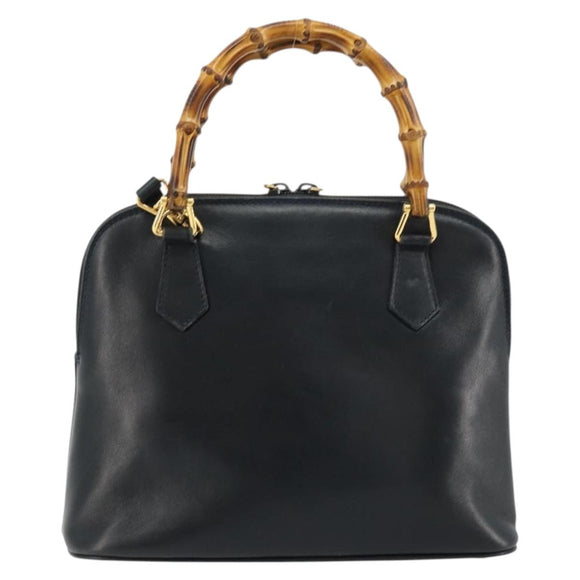 GUCCI Bamboo Hand Bag Leather 2way Navy Gold 000 2865 0290 Auth 180796