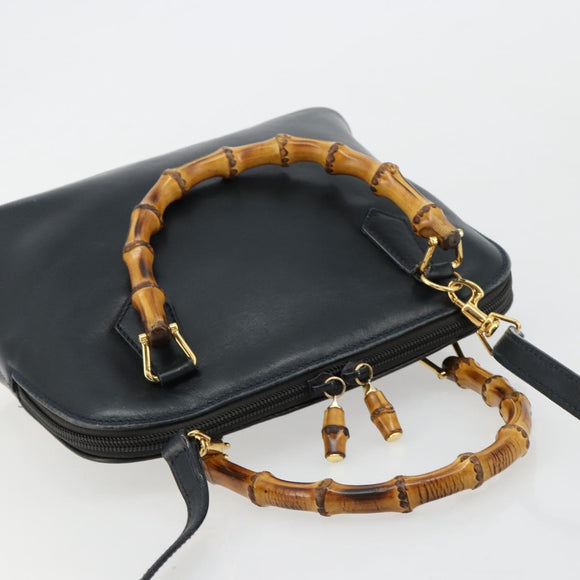 GUCCI Bamboo Hand Bag Leather 2way Navy Gold 000 2865 0290 Auth 180796