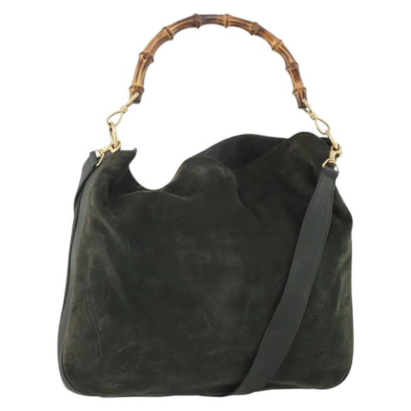 GUCCI Bamboo Shoulder Bag Suede 2way Khaki Gold Auth 180802