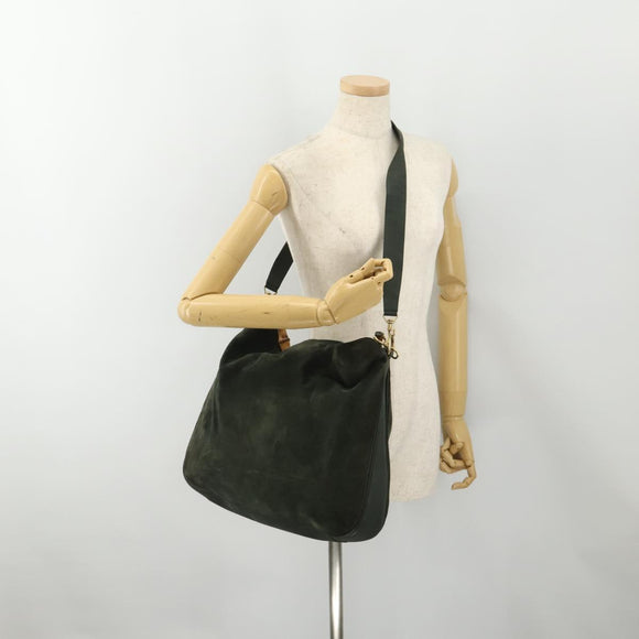GUCCI Bamboo Shoulder Bag Suede 2way Khaki Gold Auth 180802