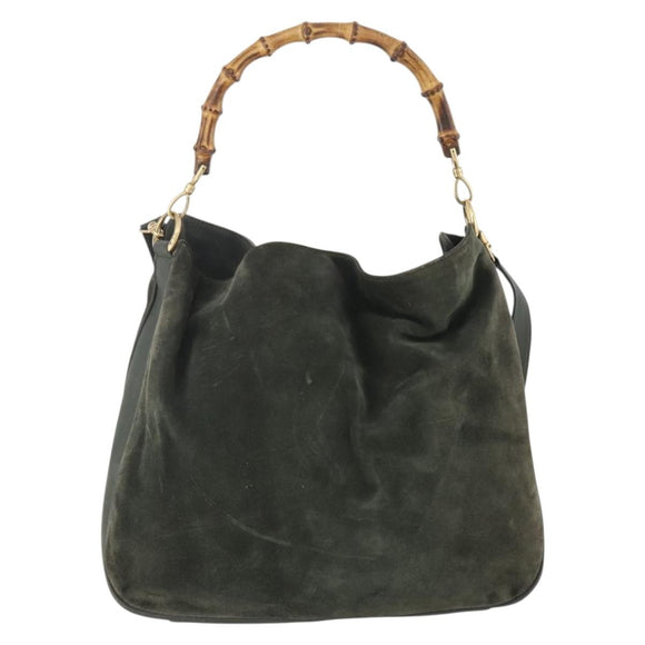 GUCCI Bamboo Shoulder Bag Suede 2way Khaki Gold Auth 180802