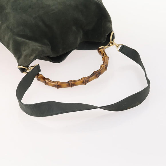 GUCCI Bamboo Shoulder Bag Suede 2way Khaki Gold Auth 180802