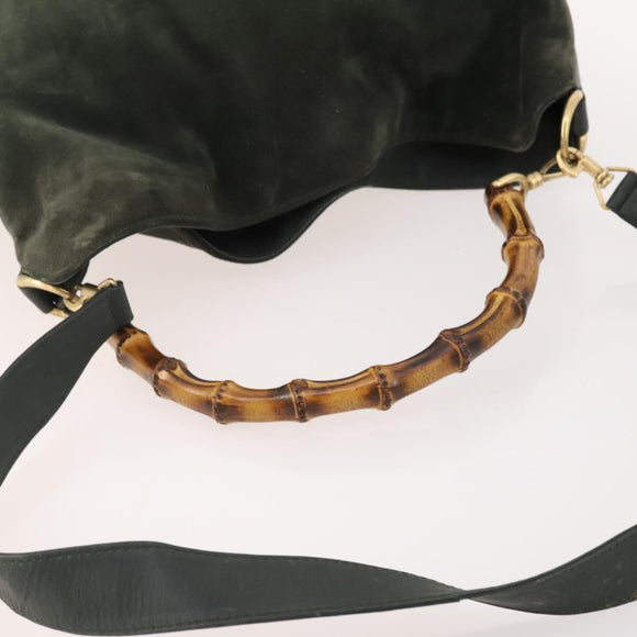GUCCI Bamboo Shoulder Bag Suede 2way Khaki Gold Auth 180802