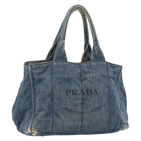 PRADA Canapa MM Hand Bag Denim Blue Gold Auth 180818