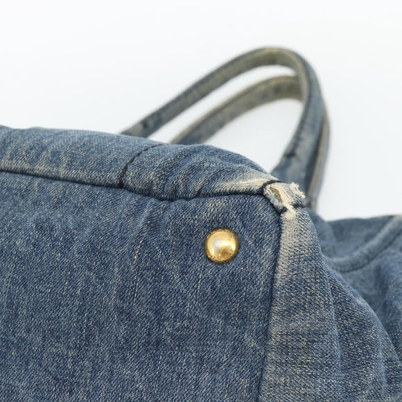 PRADA Canapa MM Hand Bag Denim Blue Gold Auth 180818